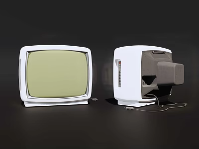 Two Vintage White Televisions With Green Screen Retro Design And Cables On Dark Background 3d model