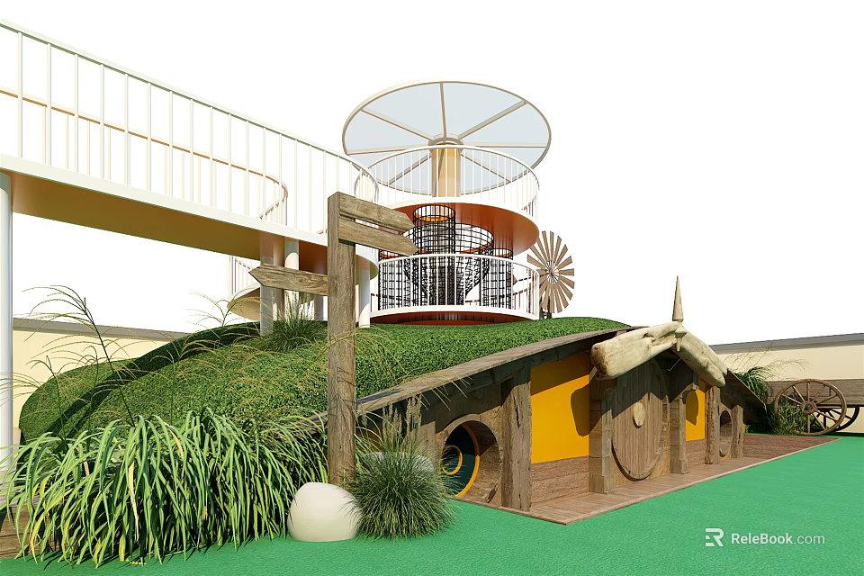 Scenic Road Facilities With Green Roof Wooden Structure And Spiral Staircase On Lawn 3d model 