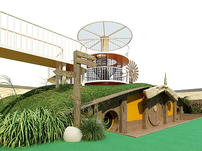 Scenic Road Facilities With Green Roof Wooden Structure And Spiral Staircase On Lawn 3d model