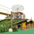 Scenic Road Facilities With Green Roof Wooden Structure And Spiral Staircase On Lawn