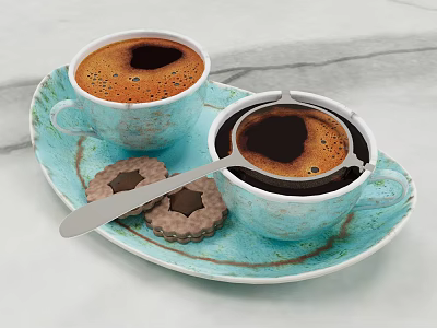 Two Cups Of Coffee On Blue Plate With Star Shaped Cookies And Metal Strainer 3d model