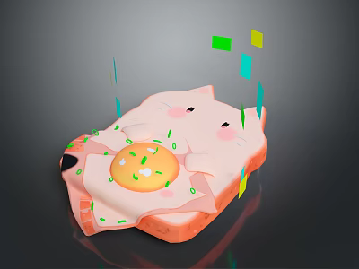 Fried Egg With Green Sprinkles On Cute Pink Cartoon Pig Belly And Colorful Decorative Squares 3d model