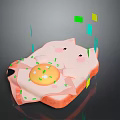 Fried Egg With Green Sprinkles On Cute Pink Cartoon Pig Belly And Colorful Decorative Squares