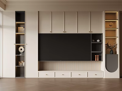 Elegant Modern TV Wall Design With White Cabinets Black Shelves And Lighting 3d model