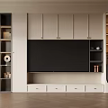 Elegant Modern TV Wall Design With White Cabinets Black Shelves And Lighting