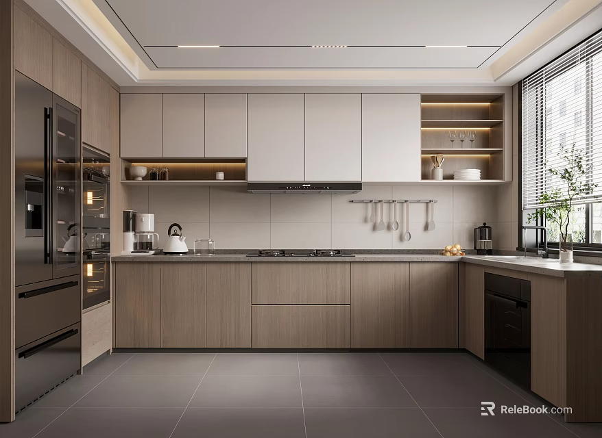 Modern Kitchen Interior With Stainless Steel Refrigerator Cabinets Countertop Built-in Appliances And Window Lighting 3d model 