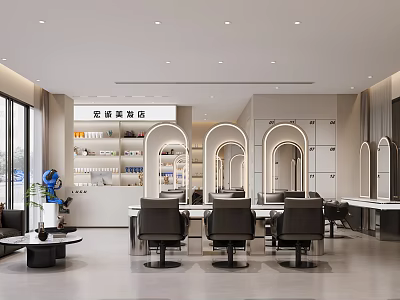 Elegant Luxury Hair Salon Interior With Styling Chairs Arched Mirrors And Workstations 3d model