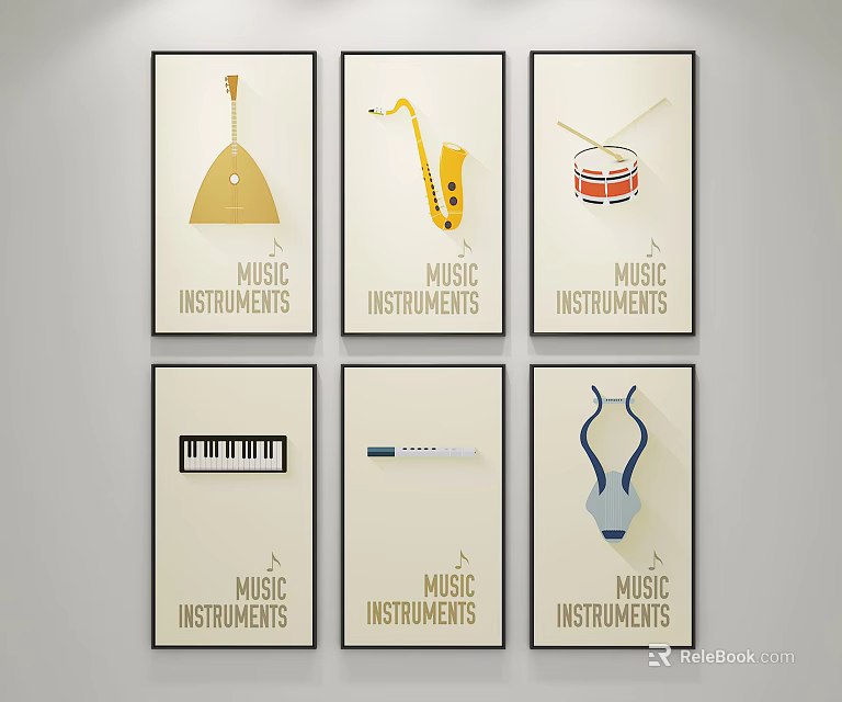 Musical Instruments Posters With Minimalist Design And Various Instrument Illustrations For Home Wall Decor 3d model 