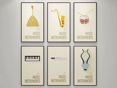 Musical Instruments Posters With Minimalist Design And Various Instrument Illustrations For Home Wall Decor 3d model