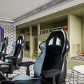 Hotel Guest Room With Gaming Chairs Multiple Monitors Hexagonal Wall And Geometric Floor Design