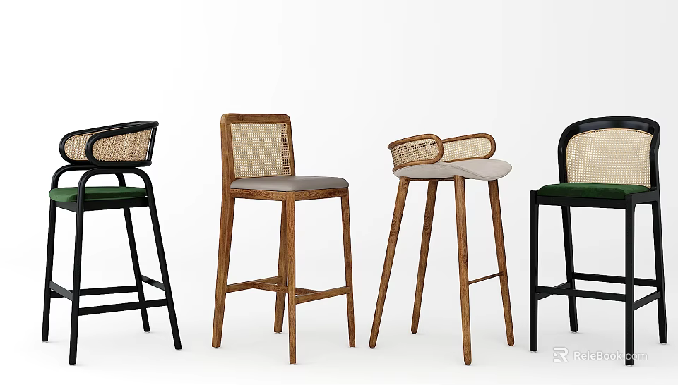 Various Style Bar Stools With Wooden Frame Rattan Backrest And Different Colors 3d model 