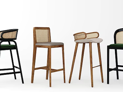 Various Style Bar Stools With Wooden Frame Rattan Backrest And Different Colors 3d model