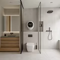 Modern Bathroom Interior With Wooden Vanity Glass Partition Toilet And Shower Area