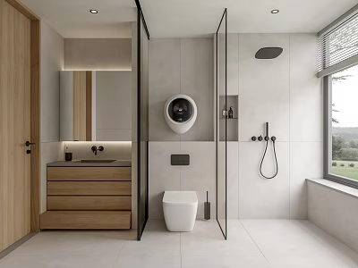 Modern Bathroom Interior With Wooden Vanity Glass Partition Toilet And Shower Area 3d model