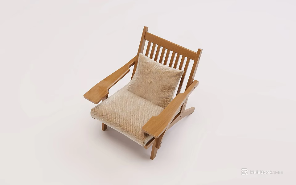 Comfortable Wooden Single Chair With Armrests And Beige Cushion Pillow 3d model 