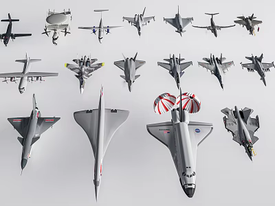 Collection of Various Aircraft Models Including Military Jets and Space Shuttle 3d model