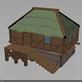 Traditional Rustic Wooden Cottage Exterior With Green Roof Blue Windows And Wooden Steps