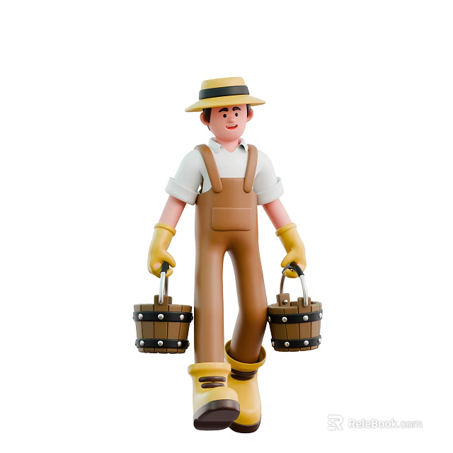 Game Movie Character in Straw Hat White Shirt Brown Overalls Carrying Wooden Buckets 3d model 