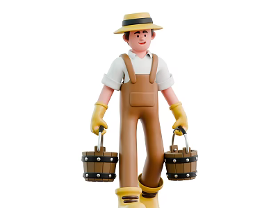 Game Movie Character in Straw Hat White Shirt Brown Overalls Carrying Wooden Buckets 3d model