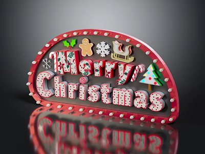 Red And White Arched Christmas Decorative Sign With Gingerbread Man Snowflake Tree Sleigh 3d model