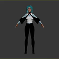 Stylized 3D Character With Teal Hair Green Eyes White Top Black Pants And Blue Coat