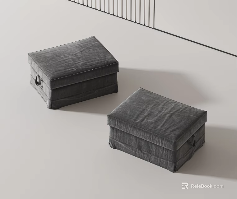 Two Gray Velvet Storage Ottoman Benches with Lid Handles and Upholstered Design 3d model 