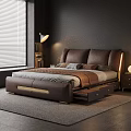Modern Bedroom Interior With Brown Leather Bed Headboard Cushions Gray Bedding And Drawer Storage