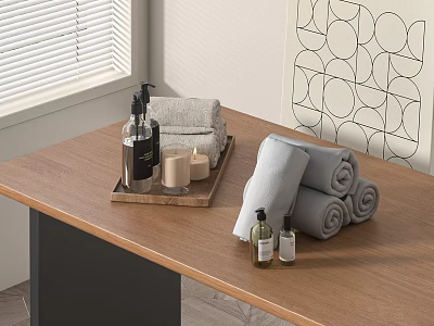 Daily Washing Essentials With Hand Soap Towels And Lotion Bottles On Wooden Table 3d model