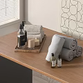 Daily Washing Essentials With Hand Soap Towels And Lotion Bottles On Wooden Table