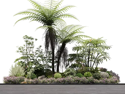 Lush Various Shrubs with Ferns Purple Flowers and Green Plants on Wooden Platform 3d model