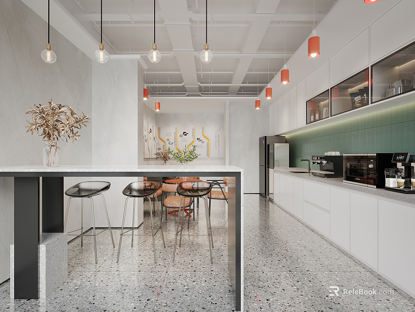 Modern Break Room Interior With White Cabinets Green Tiled Backsplash Bar Counter And Pendant Lights 3d model 