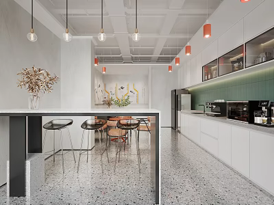 Modern Break Room Interior With White Cabinets Green Tiled Backsplash Bar Counter And Pendant Lights 3d model