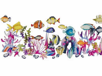 Colorful Marine Life Silhouettes With Fish Coral Starfish And Sea Plants 3d model