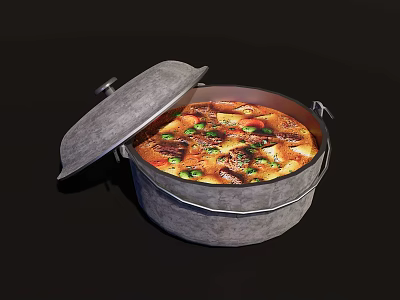 Open Lid Metal Pot With Rich Red Broth Meat Chunks And Fresh Vegetables 3d model
