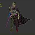 Armored Medieval Warrior In Blue Armor With Helmet Black Cape And Sword