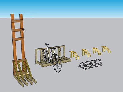 Wooden And Metal Bicycle Parking Racks With Storage Structures And Stands 3d model
