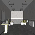 Modern Public Toilet Interior With Gray Tiled Walls Golden Handrails Washbasins Toilets And Mirror