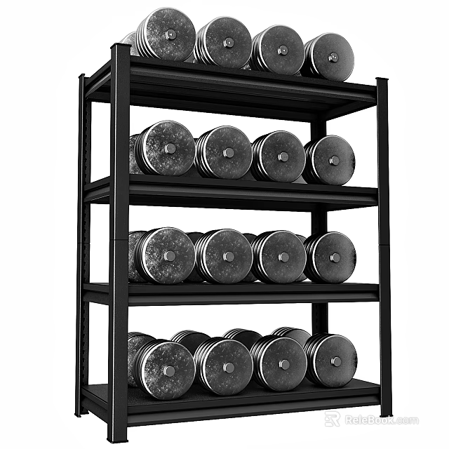 Black Metal Shelving Unit With Multiple Layers For Storing Dumbbells And Fitness Equipment 3d model 