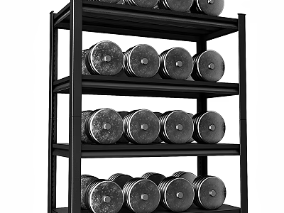 Black Metal Shelving Unit With Multiple Layers For Storing Dumbbells And Fitness Equipment 3d model