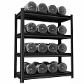 Black Metal Shelving Unit With Multiple Layers For Storing Dumbbells And Fitness Equipment