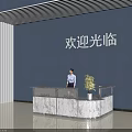 Modern Lobby Reception Desk Design With Marble Counter Welcome Sign And Staff Standing