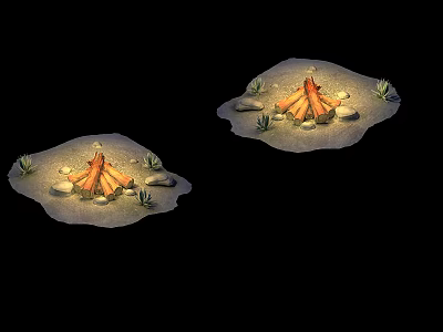 Two Campfires In Desert Landscape With Stones And Small Plants 3d model
