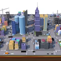 Cartoon Cityscape With Colorful Tall Skyscrapers Low Rise Buildings Streets Vehicles And Green Areas