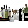 Essential Kitchenware Collection With Oil Bottles Wooden Spoons Mortar Pepper Grinder And Cutting Board