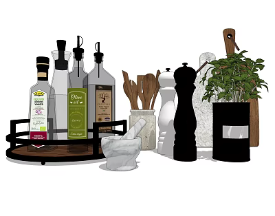 Essential Kitchenware Collection With Oil Bottles Wooden Spoons Mortar Pepper Grinder And Cutting Board 3d model