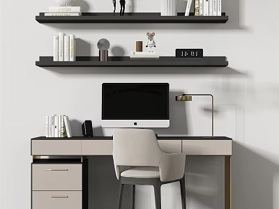 Modern Home Office Desk With Computer Monitor Desk Lamp And Books On Shelves 3d model