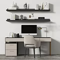 Modern Home Office Desk With Computer Monitor Desk Lamp And Books On Shelves