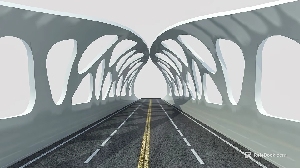 Modern Abstract Bridge Design With White Arch Structure And Road Lane Lines 3d model