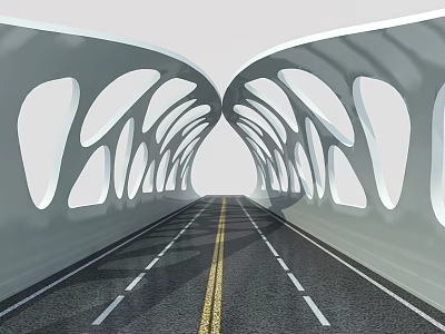 Modern Abstract Bridge Design With White Arch Structure And Road Lane Lines 3d model
