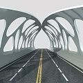 Modern Abstract Bridge Design With White Arch Structure And Road Lane Lines 3d model